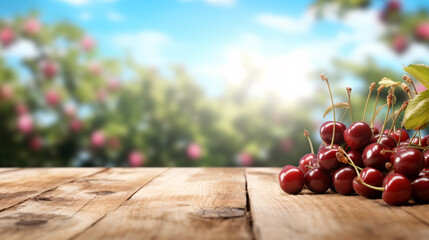 Fresh cherries on wooden table and blurred cherry farm on the background, mock up product display wooden board.