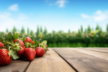 Fresh strawberry on wooden table and blurred organic farm on the background, mockup product display wooden board.