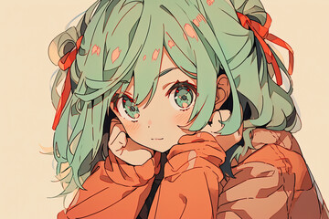 Wall Mural - Beautiful Cute Anime Girl With Green Hair On Beige Background