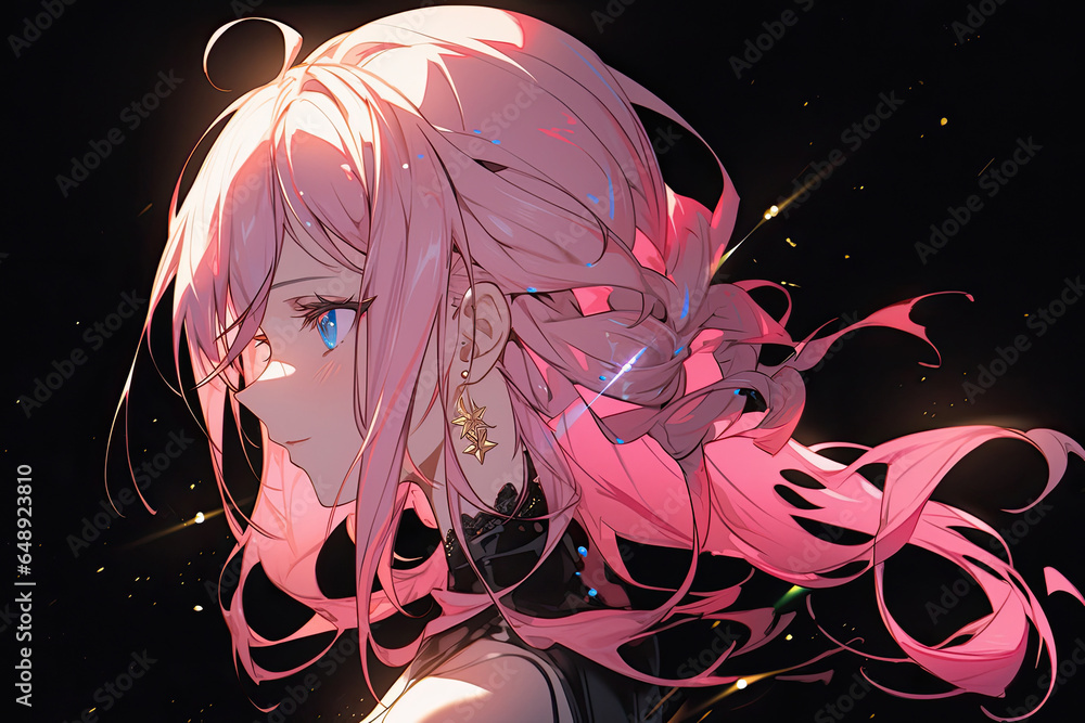 Beautiful Cute Anime Girl With Pink Hair On Black Background Stock ...