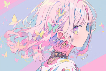 Wall Mural - Beautiful Cute Anime Girl With Pink Hair On Pastel Background