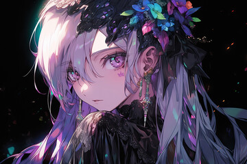 Wall Mural - Beautiful Cute Anime Girl With Purple Hair On Black Background