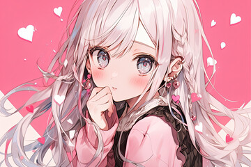 Wall Mural - Beautiful Cute Anime Girl With Silver Hair On Pink Background