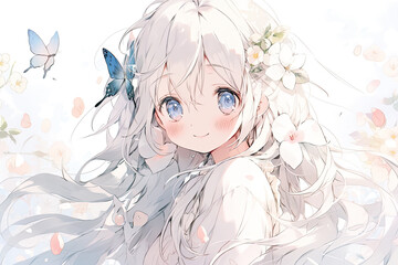 Sticker - Beautiful Cute Anime Girl With White Hair On White Background