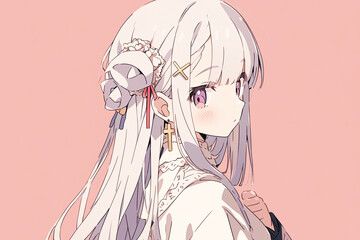 Sticker - Beautiful Cute Anime Girl With White Hair On Beige Background