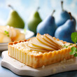 Pear tart. Home made pear cake with half poached pear slices and cottage cheese. Tasty breakfast dish, healthy eating concept. Square pear tart on white marble cutting board on kitchen table, close-up