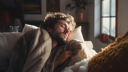 Canvas Print - Illness man laying in bed 