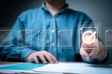 Fototapete - Businessman touching to virtual document for ISO quality control certification and project approval concept.