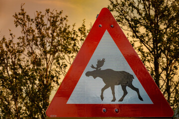 Mousse (elk) crossing, a very common road sign in Arctic Norway, yngen Alps (Lyngsalpene) region, near Tromsø, Troms of Finnmark, Norway