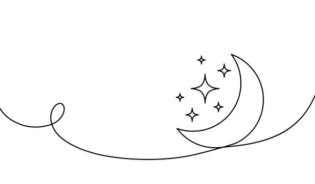 Moon continuous one line art icon. Hand drawn black moon isolated on white background. Hands drawing graphic element crescent. Draw symbol for design prints. Oneline lineart. Vector illustration
