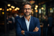 © The Picture House - Happy middle aged business man ceo standing in office arms crossed made with AI