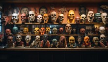 Photo Of A Colorful Display Of Various Skulls On A Shelf