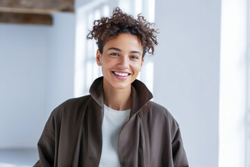 Wall Mural - Smiling young woman with short curly hair wearing a coat indoors.