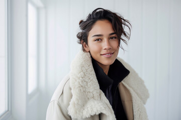 Wall Mural - Smiling young woman in white winter coat posing indoors.