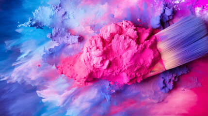 Make-up brush with pink and blue powder explosion on dark background