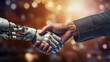 A human arm and a robotic arm handshake close up, representing the collaboration between creativity and technology of robotics and artificial intelligence, isolated on a bright background with bokeh
