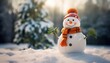 Photo of a cute snowman with a festive red hat and scarf in a snowy landscape