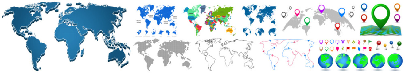 Wall Mural - set world map earth planet, colourful world countries and country names, division into countries, co