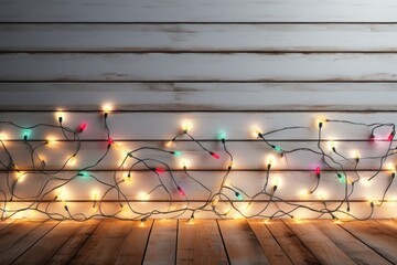 Wall Mural - Christmas lights on wooden background with copy space. Christmas background concept.