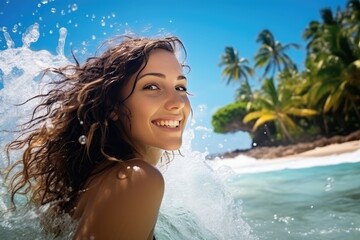 Wall Mural - Young cheerful woman bathing in warm tropical sea