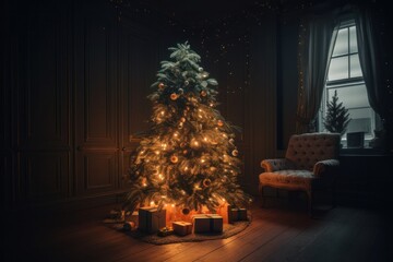 Wall Mural - christmas tree with candles in the dark living room, 3d render