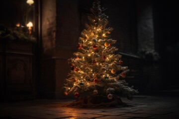 Wall Mural - christmas tree in the old city at night. artwork decoration. selective focus