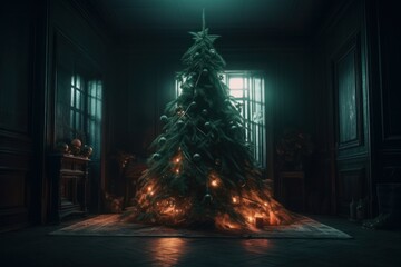 Wall Mural - christmas tree in dark room with fireplace and christmas decorations. 3d rendering