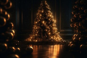 Wall Mural - golden christmas tree on a wooden floor in the dark room. 3d rendering