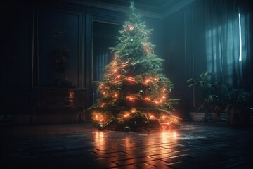 Wall Mural - Christmas tree with lights in the living room at night. 3d rendering