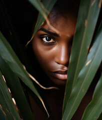 Wall Mural - Portrait of beautiful young black woman behind palm leaves