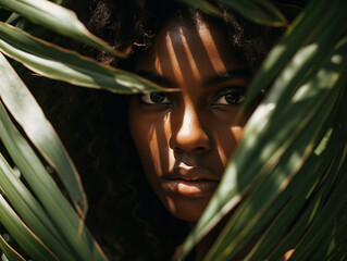 Wall Mural - Portrait of beautiful young black woman behind palm leaves