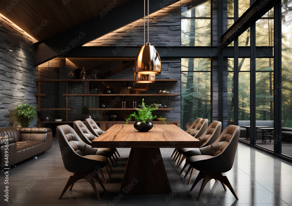 Curated visual reference: Gallery Detail: Dining Room With Abstract Wood Lining High Ceilings Lined With