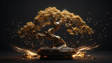 tradycyjne japońskie miniaturowe złote drzewko szczęścia bonsai na czarnym tle - traditional japanese miniature golden lucky tree bonsai on black background - AI Generated