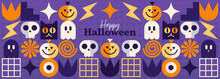 Halloween Banner With Flat Vector Illustrations Of Pumpkin, Black Cat, Skull, Ghost And Various Orange And Purple Geometric Shapes
