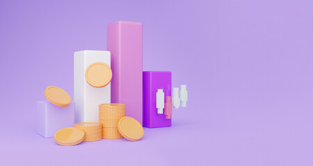 Poster - Money coins and charts, 3d illustration for trading concept