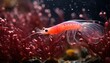Photo of a vibrant red antarctic krill gracefully swimming in the sea