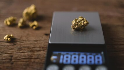 Wall Mural - man's hand uses white tweezers to pick up a lump of pure gold ore from a mine and place it on a digital scale to see the gold's weight.