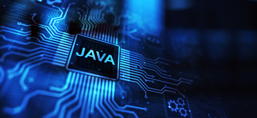 Wall Mural - Java programming language application and web development concept on virtual screen.