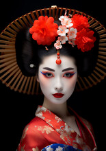 Portrait Of A Young Japanese Geisha (Maiko) In Vintage Artist Period Style With Contemporary Fashion And Intricate Face Paint - Showcasing Captivating Cultural Heritage And Beauty. Generative AI.