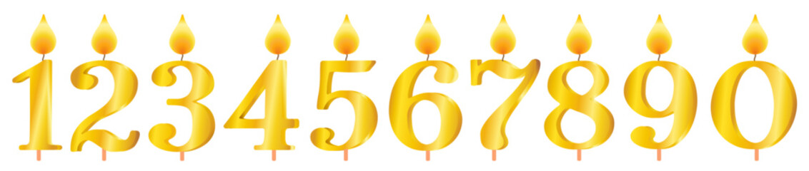 Wall Mural - Set of golden burning candles numbers for cake decoration for birthday, anniversary, celebration, new year, christmas on a white background, vector