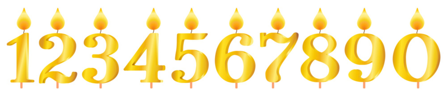Set of golden burning candles numbers for cake decoration for birthday, anniversary, celebration, new year, christmas on a white background, vector