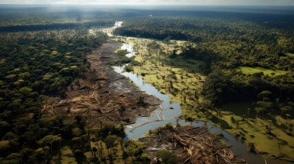 Wall Mural - A depressing picture of the devastating effects of deforestation on the complex Amazon ecosystem, resulting in habitat loss and ecological imbalance.