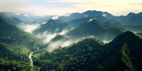 Top view landscape of foggy tropical forest and green mountains.AI Generative