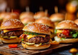 © DenisMArt - Mini burgers with vegetables,cheese and tomato sauce on wooden table.Macro.AI Generative