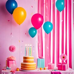 Birthday balloons and happy birthday cake with colorful candles