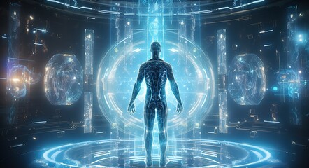 Healthcare, human body hologram with full body scan, bones, organs, joints, brain in futuristic HUD style...