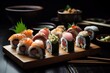 Sushi im Restaurant nett angerichtet. Chinesisches oder japanisches  Essen selber machen mit Reis und Fisch.