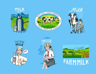 Wall Mural - Milk set. Cow and woman farmer, milkmaid and jug, blot and bottles, packaging and meadow, man holds a glass. Vintage logo for shop. Badge for t-shirts. Hand Drawn engrave sketch. Vector illustration.