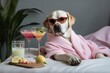 A stylish dog lounging by the pool in sunglasses and a pink towel created with Generative AI technology