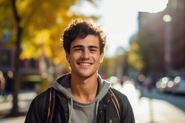 Smiling portrait of a young happy caucasian male student on a college campus